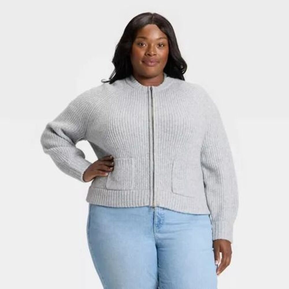 Women's Double Zip Cardigan Sweater - Ava & Viv Gray 1X